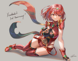Rule 34 | 1girl, absurdres, armor, blush, boots, breasts, covered navel, earrings, fingerless gloves, gem, gloves, hair ornament, headpiece, highres, ioriwu8, jewelry, large breasts, nintendo, pyra (xenoblade), red eyes, red hair, red shorts, shadow, short shorts, shorts, shoulder armor, signature, simple background, sitting, skindentation, smile, solo, swept bangs, thighhighs, thighs, tiara, xenoblade chronicles (series), xenoblade chronicles 2