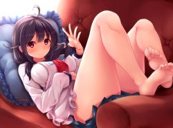 Rule 34 | 10s, 1girl, ahoge, bare legs, barefoot, breasts, couch, feet, frilled pillow, frills, hair flaps, highres, kantai collection, legs, long hair, looking at viewer, low twintails, lying, magatama, neckerchief, nicoby, no legwear, on back, pillow, pink eyes, purple hair, red eyes, school uniform, serafuku, smile, soles, solo, taigei (kancolle), toes, twintails, whale