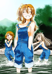 Rule 34 | 10s, 3girls, bare shoulders, blue sky, bow, breasts, brown hair, facing viewer, green bow, grey hair, grin, hair bow, hands in pockets, koizumi hanayo, kosaka honoka, long hair, love live!, love live! school idol project, medium breasts, minami kotori, multiple girls, naked overalls, no bra, one eye closed, open mouth, orange hair, outdoors, overalls, parted lips, printemps (love live!), short hair, side ponytail, sideboob, sky, smile, sogabe toshinori, splashing, standing, strap slip, sun, wading, water, yellow bow