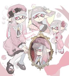 Rule 34 | 1girl, artist name, black bow, bow, dress, gradient hair, grey hair, hair bow, hair ornament, hairclip, highres, inkling, inkling girl, inkling player character, invisible chair, japanese clothes, kimono, kiwi splatoon, long hair, multicolored hair, multiple views, nintendo, pantyhose, parted lips, pink dress, pink hair, pointy ears, portrait (object), red eyes, sandals, sitting, splatoon (series), teeth, tentacle hair, two-tone hair, umbrella, white background, white pantyhose, zouri