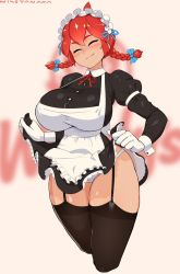 Rule 34 | 1girl, alternate costume, apron, black thighhighs, blue bow, blue eyes, bow, braid, breasts, clothes lift, enmaided, closed eyes, female focus, flashing, freckles, garter straps, gloves, hair bow, highres, huge breasts, maid, maid headdress, nisetanaka, panties, product girl, red hair, skirt, skirt lift, smile, solo, thighhighs, twin braids, underwear, wendy&#039;s, wendy (wendy&#039;s), white gloves, white panties, wrist cuffs
