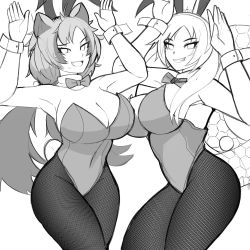Rule 34 | 2girls, african rock python (kemono friends), animal costume, animal ears, arm bands, armpits, arms up, bear, bear ears, bow, bowtie, breasts, closed mouth, covered navel, eyelashes, ezo brown bear (kemono friends), fake animal ears, fake bunny ears, fangs, fishnet legwear, fishnets, greyscale, highres, kemono friends, large breasts, legs, leotard, long hair, looking at viewer, monochrome, multiple girls, nanoder, open mouth, pantyhose, playboy bunny, rabbit ears, rabbit pose, smirk, snake, snake tail, sweat, tail, twintails, white background