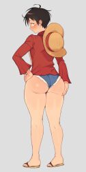 Rule 34 | 1boy, ass, black hair, blush, short shorts, denim, denim shorts, hand on own hip, hat, highres, huge ass, looking at viewer, lushhhh, male focus, monkey d. luffy, one piece, sandals, scar, shiny skin, shorts, simple background, straw hat