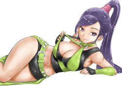 Rule 34 | absurdres, belt, bike shorts, breasts, cleavage, dragon quest, dragon quest xi, green belt, halterneck, highres, large breasts, layered clothes, martina (dq11), midriff, navel, ponytail, pulled by self, purple eyes, purple hair, simple background, skindentation, solo, stomach, strap pull, thighs, white background, wide hips