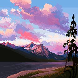 Rule 34 | cloud, cloudy sky, commentary, english commentary, gradient sky, grass, jubilee (8pxl), morning, mountain, mountainous horizon, no humans, original, outdoors, pixel art, river, scenery, shore, sky, sunrise, tree, water