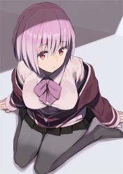 Rule 34 | 10s, 1girl, arms at sides, black skirt, bow, bowtie, breasts, closed mouth, collared shirt, commentary request, from above, grey pantyhose, gridman universe, hair between eyes, jacket, large breasts, long sleeves, looking at viewer, looking up, miniskirt, open clothes, open jacket, pantyhose, partially unzipped, pink hair, pleated skirt, purple bow, purple bowtie, purple jacket, red eyes, shinjou akane, shirt, short hair, sitting, skirt, sleeves past wrists, solo, ssss.gridman, tomioka jirou, wariza, white shirt, wing collar