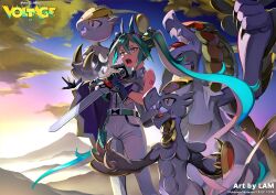 Rule 34 | 1girl, aqua eyes, aqua hair, arm tattoo, armor, blue sky, cape, claws, cloud, cloudy sky, colored skin, creatures (company), double bun, dragon, dragon claw, dragon miku (project voltage), dusk, evolutionary line, fake horns, fangs, game freak, gen 7 pokemon, gloves, gradient sky, grey shirt, grey skin, hair bun, hakamo-o, hatsune miku, headset, holding, holding microphone, holding sword, holding weapon, horizon, horns, jangmo-o, kommo-o, lam (ramdayo), landscape, long hair, looking ahead, microphone, mountainous horizon, multicolored hair, nintendo, official art, open mouth, outdoors, pants, pink sky, poke ball, poke ball (basic), pokemon, pokemon (creature), pokemon sm, project voltage, purple sky, red eyes, reptile, scale armor, scales, scenery, second-party source, shirt, side cape, single bare shoulder, skin fangs, sky, standing, sword, tattoo, teeth, triangle print, twintails, upper teeth only, very long hair, vocaloid, weapon, white pants, yellow scales, yellow sky