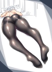 Rule 34 | 1girl, ass, bedroom, black pantyhose, commentary request, crotch seam, feet, fine fabric emphasis, from behind, full body, gusset, head on pillow, hidden face, highres, hip focus, izayoi sakuya, legs, lying, medium hair, messy hair, no shoes, hugging object, on stomach, pantyhose, pillow, pillow hug, shiny clothes, shiny legwear, shoulder blades, silver hair, simple background, sleeping, soles, solo, tajima yuuki, thick thighs, thighband pantyhose, thighs, toes, topless, touhou, white background, wide hips, zzz