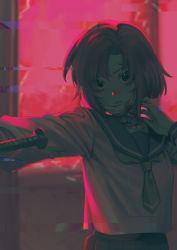 Rule 34 | 1girl, bandaid, bandaid on neck, blood, blood on clothes, blood on face, brown eyes, collarbone, commentary request, cowboy shot, glitch, highres, higurashi no naku koro ni, injury, long sleeves, mask, mouth mask, necktie, noriuma, parted bangs, pink background, pleated skirt, puffy long sleeves, puffy sleeves, ryuuguu rena, sailor collar, school uniform, serafuku, shirt, skirt, smile, solo, upper body, weapon