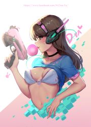 Rule 34 | 1girl, absurdres, bad id, bad pixiv id, bikini, bikini top only, blouse, blue shirt, breasts, character name, cian yo, cleavage, clothes lift, clothes writing, d.va (overwatch), highres, overwatch, overwatch 1, shirt, shirt lift, solo, swimsuit, tagme, watermark, web address, white bikini