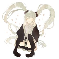 Rule 34 | 1girl, ^ ^, black skirt, boots, closed eyes, detached sleeves, female focus, full body, grey hair, grey shirt, hand on own cheek, hand on own face, happy, hatsune miku, heart, long hair, necktie, shirt, simple background, skirt, smile, solo, thigh boots, thighhighs, thighs, twintails, very long hair, vocaloid, white background, yukimori nene