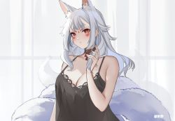 Rule 34 | 1girl, absurdres, alternate costume, animal ear fluff, animal ears, bell, black camisole, blush, breasts, camisole, choker, cleavage, collarbone, commentary, eyeshadow, facial mark, forehead mark, fox ears, fox tail, frilled choker, frills, grey hair, highres, holding, holding own hair, large breasts, light frown, long hair, looking at viewer, makeup, milephunter, multiple tails, neck bell, nijisanji, nijisanji en, nina kosaka, red choker, red eyeshadow, solo, symbol-only commentary, tail, upper body, virtual youtuber