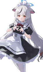 Rule 34 | 1girl, alternate costume, animal ears, apron, black dress, black hair, blue archive, blush, breasts, closed mouth, cowboy shot, dress, enmaided, grey hair, hair between eyes, halo, highres, kokona (blue archive), long hair, looking at viewer, maid, maid apron, maid headdress, multicolored hair, namaonpa, necktie, puffy short sleeves, puffy sleeves, red necktie, short sleeves, simple background, small breasts, solo, standing, streaked hair, sweat, white background