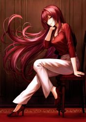 Rule 34 | 1girl, absurdres, blouse, chair, fate/grand order, fate (series), full body, high heels, highres, jewelry, long hair, long sleeves, looking at viewer, mashuu (neko no oyashiro), necklace, pants, red shirt, scan, scathach (fate), shirt, simple background, sitting, smile, solo
