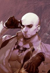 Rule 34 | 1boy, abs, bald, bara, cigarette, facial hair, gloves, highres, large pectorals, looking away, male focus, muscular, muscular male, navel, open clothes, open shirt, original, pectoral cleavage, pectorals, saolin (wudangx), signature, solo, stomach, stubble