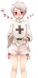 Rule 34 | 1boy, axis powers hetalia, bad id, bad pixiv id, bloomers, blush, clothes lift, cross, iron cross, looking at viewer, male focus, no pants, open mouth, prussia (hetalia), red eyes, shirt lift, short hair, simple background, solo, tobi (one), underwear, white background