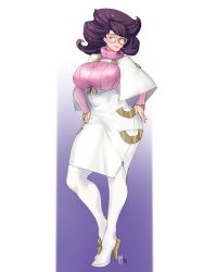 Rule 34 | 1girl, absurdres, big hair, boots, breasts, creatures (company), full body, game freak, glasses, gradient background, green eyes, hands on own hips, high heel boots, high heels, highres, huge breasts, long sleeves, looking to the side, narrow waist, nintendo, parted lips, pencil skirt, pink-framed eyewear, pokemon, pokemon sm, purple background, purple hair, short cape, skin tight, skirt, solo, standing, thigh boots, thighhighs, turtleneck, two-tone background, white background, wicke (pokemon), wide hips, zcune
