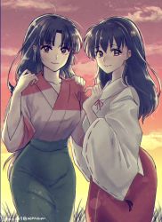 Rule 34 | 2girls, aerururu, black eyes, black hair, blurry, blush, bokeh, breasts, closed mouth, cloud, cloudy sky, commentary, cowboy shot, depth of field, eyelashes, green skirt, hand on another&#039;s shoulder, highres, higurashi kagome, inuyasha, japanese clothes, kimono, lips, long hair, looking at viewer, medium breasts, miko, multiple girls, outdoors, parted bangs, red skirt, robe, sango (inuyasha), side-by-side, skirt, sky, smile, standing, sunset, twitter username, white robe, wide sleeves