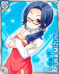 Rule 34 | 1girl, apron, blue hair, card, character name, closed eye, closed mouth, crossed arms, girlfriend (kari), glasses, mizuno fuka, official art, pen, ponytail, qp:flapper, red eyes, shirt, smile, tagme, teacher, v-shaped eyebrows, watch, white shirt