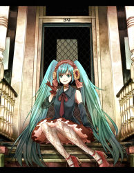 Rule 34 | 1girl, aqua eyes, aqua hair, bad id, bad pixiv id, choker, ct5 misaka, detached sleeves, door, earmuffs, gloves, hatsune miku, long hair, mary janes, necktie, pantyhose, shoes, sitting, sitting on stairs, skirt, solo, stairs, twintails, very long hair, vocaloid
