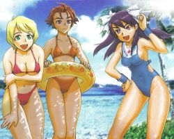 Rule 34 | 00s, 3girls, :d, ;d, antenna hair, beach, bikini, blonde hair, blue one-piece swimsuit, breasts, brown hair, cleavage, collarbone, contrapposto, day, erstin ho, innertube, large breasts, looking at viewer, multiple girls, my-hime, my-otome, nina wang, one-piece swimsuit, one eye closed, open mouth, orange one-piece swimsuit, outdoors, purple hair, red bikini, sand, short hair, smile, standing, swim ring, swimsuit, tokiha mai, water
