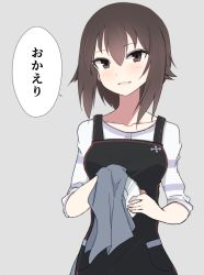 Rule 34 | 10s, 1girl, apron, black apron, blush, breasts, brown eyes, brown hair, buttons, girls und panzer, hinomaru (futagun), holding, holding plate, long sleeves, looking at viewer, medium breasts, nishizumi maho, plate, short hair, simple background, smile, solo, translation request