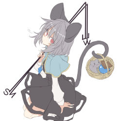 Rule 34 | 1girl, animal, animal ears, basket, bishamonten&#039;s pagoda, black dress, capelet, closed mouth, commentary, commentary request, commission, dowsing rod, dress, english commentary, expressionless, flat color, full body, green capelet, grey hair, grey tail, hair between eyes, holding, jewelry, long sleeves, looking at viewer, medium hair, mixed-language commentary, mouse (animal), mouse ears, mouse girl, mouse tail, nazrin, pendant, red eyes, satou kibi, shirt, simple background, skeb commission, solo, tail, tail raised, touhou, unfinished, white background, white shirt