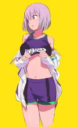 Rule 34 | 1girl, absurdres, akasakaa, breasts, commentary request, gridman universe, gridman universe (film), highres, jacket, large breasts, light purple hair, official alternate costume, open mouth, red eyes, shinjou akane, short hair, simple background, solo, sportswear, sweat
