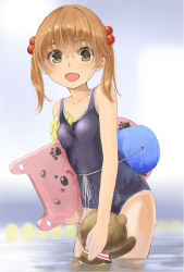Rule 34 | 1girl, bad id, bad pixiv id, bare shoulders, blonde hair, blue one-piece swimsuit, breasts, brown eyes, collarbone, cowboy shot, eyebrows, hair bobbles, hair ornament, holding, looking at viewer, one-piece swimsuit, open mouth, original, partially submerged, short hair, short twintails, small breasts, smile, solo, standing, stuffed animal, stuffed toy, swimsuit, teddy bear, twintails, wading, water, wet, wet clothes, wet swimsuit, yoropa