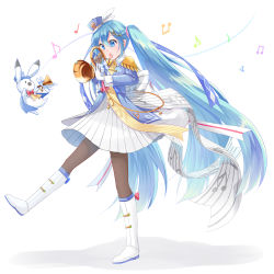 Rule 34 | 1girl, 1other, :o, absurdly long hair, absurdres, aira (exp), anniversary, aqua eyes, aqua hair, argyle, artist name, artist request, back bow, band uniform, beamed eighth notes, birthday, black pantyhose, blue bow, blue dress, blue eyes, blue hair, blue hat, blue jacket, blue shirt, boots, bow, bowtie, breasts, collar, collared jacket, collared shirt, commentary, dress, dress bow, dress shirt, eighth note, feathers, female focus, floating, fortissimo, french horn, frilled dress, frills, fringe trim, full body, gloves, gold trim, gradient hair, hair ornament, hair ribbon, hair tassel, hairclip, happy birthday, hat, hat feather, hatsune miku, highres, holding, holding instrument, horn (instrument), horn ornament, horns, instrument, jacket, knee boots, long hair, long sleeves, long twintails, mini hat, mini shako cap, mini top hat, miniskirt, multicolored hair, musical note, musical note hair ornament, musical note print, open mouth, pantyhose, parted lips, peaked cap, plaid, plaid dress, plaid skirt, pleated, pleated dress, pleated skirt, quarter note, rabbit, rabbit yukine, red bow, red bowtie, ribbon, shako cap, shirt, skirt, smile, snowflake print, solo, standing, standing on one leg, striped bow, striped ribbon, tassel, top hat, treble clef, trumpet, tuba, twintails, very long hair, vocaloid, walking, white background, white bow, white collar, white feathers, white footwear, white gloves, white shirt, white skirt, x hair ornament, yuki miku, yuki miku (2020)