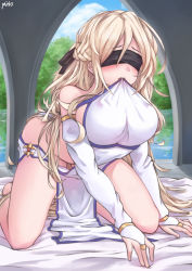 Rule 34 | 10s, 1girl, absurdres, ass, b7669726, bare shoulders, bed, bed sheet, blindfold, blonde hair, blush, breasts, commentary request, covered eyes, detached sleeves, dress, forest, goblin slayer!, highres, jewelry, kneeling, large breasts, long hair, long sleeves, nature, open mouth, signature, solo, sword maiden, tree, very long hair, water, white dress