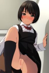 Rule 34 | 1girl, absurdres, black hair, black skirt, black socks, blush, brown eyes, ceiling, cleft of venus, closed mouth, collared shirt, hand on wall, highres, indoors, knee up, looking at viewer, matsunaga kouyou, no panties, nude filter, original, overall skirt, pussy, red neckwear, shirt, short hair, skirt, smile, socks, solo, spread legs, standing, standing on one leg, tagme, thighs, third-party edit, uncensored, white shirt