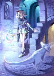Rule 34 | 1girl, blonde hair, cape, dated, dungeon, elf, familiar, magic, pointy ears, purple eyes, solo, staff, stairs, statue, ueda ryou, witch