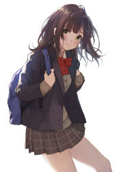 Rule 34 | 1girl, backpack, bag, bare legs, blush, bow, bowtie, brown hair, caidychen, collared shirt, cowboy shot, feet out of frame, female focus, hige wo soru. soshite joshikousei wo hirou., highres, holding, holding bag, jacket, long hair, long sleeves, looking at viewer, miniskirt, ogiwara sayu, open clothes, open jacket, plaid, plaid skirt, pleated skirt, red bow, red bowtie, school uniform, shirt, simple background, skirt, smile, solo, sweater, white background, yellow eyes