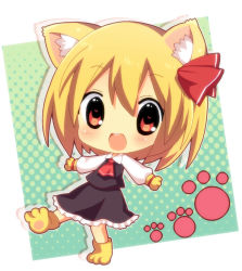 Rule 34 | 1girl, :d, animal ears, animal hands, ascot, bad id, bad pixiv id, blonde hair, blush, bow, cat ears, cat girl, female focus, gloves, hair bow, hair ribbon, heart, heart-shaped pupils, kemonomimi mode, kumakichi (toshigat), looking at viewer, open mouth, paw gloves, paw print, paw shoes, red eyes, ribbon, rumia, shoes, smile, solo, symbol-shaped pupils, toshigat, touhou
