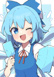 Rule 34 | 1girl, absurdres, blue bow, blue dress, blue eyes, blue hair, blush, bow, breasts, cirno, collared shirt, dress, fairy, food, hair between eyes, hair bow, highres, holding, holding food, ice, ice wings, miz (mizillustration), one eye closed, open mouth, popsicle, puffy short sleeves, puffy sleeves, shirt, short hair, short sleeves, small breasts, smile, solo, touhou, upper body, white shirt, wings