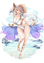 Rule 34 | 1girl, animal ears, bird, blue sky, blush, bracelet, braid, breasts, cat ears, cleavage, cloud, collarbone, covered erect nipples, day, ears through headwear, erune, full body, gluteal fold, granblue fantasy, hair between eyes, hat, heles, heles (summer) (granblue fantasy), jewelry, kyuri tizu, large breasts, long hair, looking at viewer, one-piece swimsuit, open mouth, outdoors, rock, sandals, seagull, silver hair, single braid, sky, smile, solo, starfish, sun hat, swimsuit, very long hair, water, white one-piece swimsuit, yellow eyes