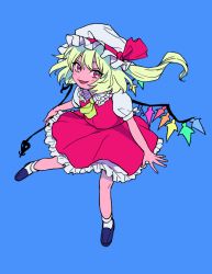 Rule 34 | ascot, blonde hair, blue background, discowars, embodiment of scarlet devil, fang, flandre scarlet, frilled shirt collar, frilled skirt, frills, hat, hat ribbon, laevatein, mob cap, one side up, puffy short sleeves, puffy sleeves, red eyes, red ribbon, red skirt, red vest, ribbon, short sleeves, simple background, skirt, smile, touhou, vest, wings, yellow ascot