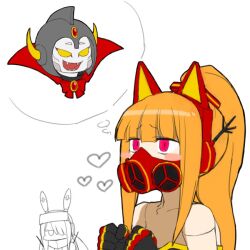 Rule 34 | 1boy, 2girls, akkun daimaou, android, animal ear headphones, animal ears, black gloves, blunt bangs, blush stickers, bow, bowtie, cat ear headphones, chibi, chibi inset, colored skin, commentary request, covered mouth, fake animal ears, fake horns, fangs, gloves, hair over one eye, hands up, head-mounted display, headphones, heart, helmet, high collar, horned helmet, horns, imagining, long hair, looking at another, lovestruck, low twintails, multicolored clothes, multicolored gloves, multiple girls, neets channel, okunin, open mouth, partially colored, ponytail, red bow, red bowtie, red eyes, red gloves, respirator, seams, simple background, smile, solid eyes, strapless, thought bubble, twintails, virtual youtuber, vt-212, vt-213, white background, white skin, yellow eyes