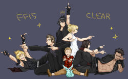 Rule 34 | 2girls, 5boys, beard, black hair, blonde hair, blue background, carbuncle (final fantasy), death parade, dress, facial hair, final fantasy, final fantasy xv, flyers (death parade), gladiolus amicitia, glasses, harusatonougyou, ignis scientia, iris amicitia, jacket, lunafreya nox fleuret, lying, multiple boys, multiple girls, noctis lucis caelum, on side, one eye closed, parody, pointing, pointing at viewer, pointing up, pout, prompto argentum, simple background, sitting, smile, sparkle, talcott hester, tank top