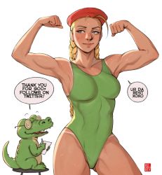 Rule 34 | 1girl, adapted costume, antenna hair, artist self-insert, beret, biceps, bikini tan, blonde hair, blue eyes, blush, braid, breasts, cammy white, capcom, clenched hands, commentary, covered abs, crocodile, crocodilian, double biceps pose, english commentary, english text, flexing, gluteal fold, green sweater, hat, highleg, highleg swimsuit, highres, hot, lips, long braid, looking to the side, medium breasts, milestone celebration, nose, nose blush, one-piece swimsuit, red headwear, scar, scar on face, smirk, solo focus, standing, street fighter, street fighter ii (series), sweat, sweater, swimsuit, tan, tanline, thick thighs, thighs, twin braids, volt crocodile