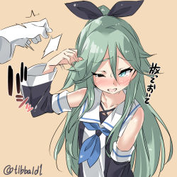 Rule 34 | 10s, 1girl, arm up, bad id, bad twitter id, black ribbon, blue hair, blue neckerchief, blush, collarbone, detached sleeves, ebifurya, green hair, hair between eyes, hair flaps, hair ribbon, highres, inactive account, kantai collection, long hair, long sleeves, motion lines, neckerchief, one eye closed, open mouth, orange background, parted bangs, ponytail, ribbon, school uniform, serafuku, sidelocks, simple background, solo focus, sweat, tearing up, tears, translated, tsurime, twitter username, upper body, yamakaze (kancolle)