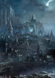 Rule 34 | absurdres, architecture, bridge, building, castle, cathedral, church, city, cityscape, cloud, commentary, concept art, dark souls (series), dark souls iii, english commentary, european architecture, fantasy, flying buttress, fog, goth fashion, gothic architecture, highres, house, moonlight, night, no humans, outdoors, river, road, scenery, sky, stairs, statue, tower, window