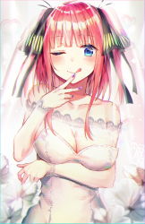 Rule 34 | 1girl, ;p, arm under breasts, bare shoulders, blue eyes, blue nails, blunt bangs, blush, breasts, bride, closed mouth, collarbone, dress, go-toubun no hanayome, hair ornament, hair ribbon, highres, huwari (dnwls3010), lace, lace-trimmed dress, lace trim, large breasts, long sleeves, looking at viewer, medium hair, multicolored nails, nail polish, nakano nino, off-shoulder dress, off shoulder, one eye closed, pink hair, pink nails, ribbon, smile, solo, tongue, tongue out, two side up, veil, wedding dress, white dress