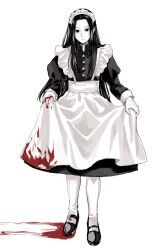 Rule 34 | 1boy, alternate costume, black eyes, black footwear, black hair, blood, blood on clothes, clothes lift, commentary, crossdressing, highres, hunter x hunter, illumi zoldyck, lifting own clothes, long hair, looking at viewer, maid, male focus, oh myowa666, simple background, socks, solo, symbol-only commentary, white background, white socks