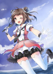 Rule 34 | 10s, 1girl, ;d, ahoge, blue sky, brown hair, day, double bun, frilled skirt, frills, glint, gloves, hair bun, hair ornament, hair scrunchie, holding, holding microphone, idol, kaetzchen, kantai collection, leg up, looking at viewer, md5 mismatch, microphone, naka (kancolle), naka kai ni (kancolle), necktie, one eye closed, open mouth, puffy short sleeves, puffy sleeves, resized, resolution mismatch, scrunchie, short sleeves, skirt, sky, smile, solo, source smaller, thighhighs, upscaled, white gloves, white thighhighs, zettai ryouiki