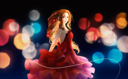 Rule 34 | 1girl, absurdres, aerith gainsborough, bare shoulders, blurry, blurry background, bokeh, bow, breasts, brown hair, depth of field, dress, final fantasy, final fantasy vii, final fantasy vii remake, flower, frilled dress, frills, green eyes, hair flower, hair ornament, hair ribbon, highres, jewelry, long hair, looking at viewer, necklace, red bow, red dress, red flower, reireicchi, ribbon, sidelocks, signature, sleeveless, sleeveless dress, small breasts, solo, strapless, strapless dress, wall market