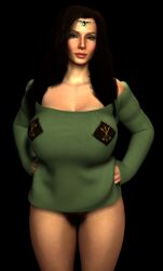 Rule 34 | 3d, black hair, bottomless, breasts, character name, circlet, curvy, elf, emblem, female pubic hair, green eyes, green sweater, groin, hands on own hips, highres, jewelry, large breasts, long hair, looking at viewer, non-web source, original, pointy ears, pubic hair, sweater, thick thighs, thighs, xuara-xuara