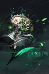 Rule 34 | 1girl, adapted costume, alternate costume, alternate eye color, apron, blonde hair, boots, braid, character name, english text, engrish text, fang, full body, glowing, gradient background, hat, highres, kirisame marisa, kokaki mumose, long hair, looking at viewer, md5 mismatch, mini-hakkero, open mouth, outstretched arm, ranguage, red eyes, resized, shirt, short sleeves, side braid, single braid, skirt, skirt set, smile, solo, star (symbol), text focus, touhou, vest, waist apron, witch hat