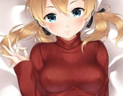 Rule 34 | 10s, 1girl, alternate costume, bed sheet, black ribbon, blonde hair, blue eyes, blush, breasts, closed mouth, covered erect nipples, head tilt, kantai collection, looking at viewer, low twintails, lying, medium breasts, on back, prinz eugen (kancolle), red sweater, ren san, ribbed sweater, ribbon, sexually suggestive, smile, solo, sweater, turtleneck, turtleneck sweater, twintails, upper body
